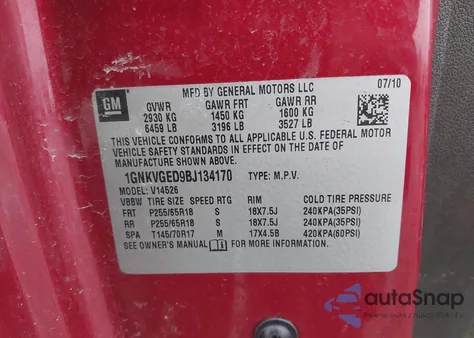 2011 Chevrolet Traverse 1Lt z USA, uszkodzony, nr VIN 1GNKVGED9BJ134170